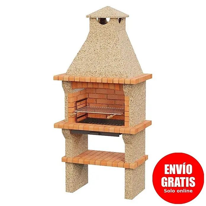 Sotnas Barbacoa de obra Barcelos - Crema/Ladrillo, An x Pr x Al: 98 x 60 x 217 cm, Superficie parrilla: 60 x 38 cm, Piedra - Barbacoa de obra con ladrillos rojos, hormigón claro, chimenea, parrilla y estante inferior.