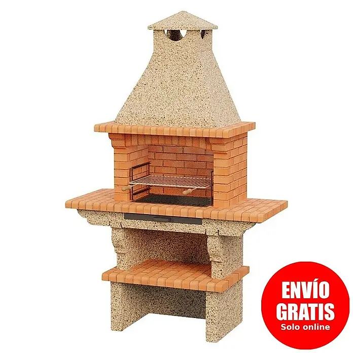 Sotnas Barbacoa de obra Barcelos doble mesa - Crema/Ladrillo, An x Pr x Al: 146 x 60 x 215 cm, Superficie parrilla: 60 x 38 cm, Acabado Ladrillo - Barbacoa prefabricada de ladrillo y piedra con chimenea, parrilla, mesas laterales y estante inferior.