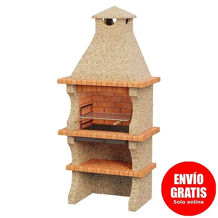 Sotnas Barbacoa de obra Barcelos Cerrada - Crema/Ladrillo, An x Pr x Al: 98 x 60 x 218 cm, Superficie parrilla: 60 x 38 cm, Sin mesa - Una barbacoa de hormigón y ladrillo independiente con chimenea y parrilla metálica.