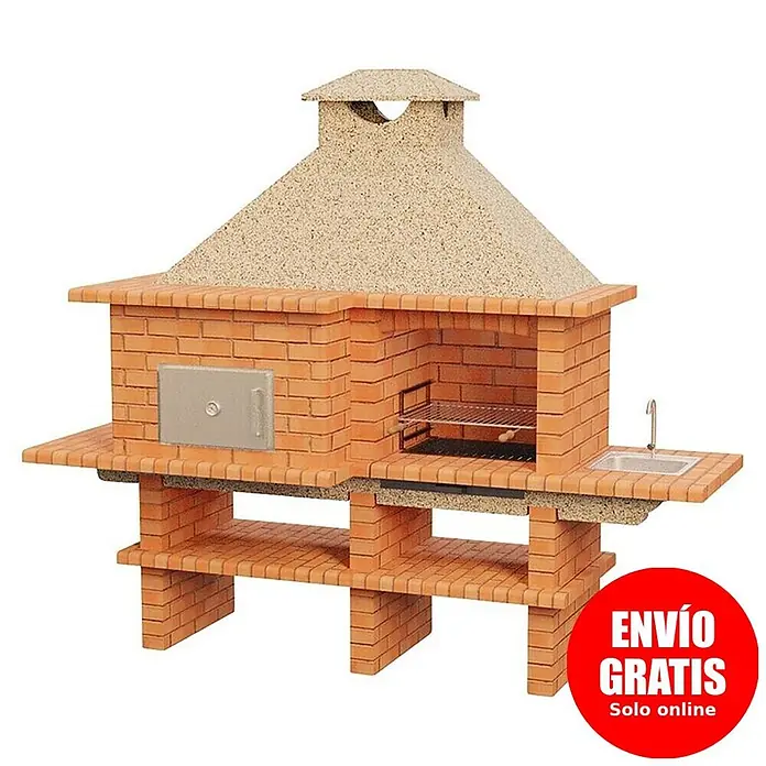 Sotnas Barbacoa con horno Roma - Crema/Ladrillo, An x Pr x Al: 268 x 96 x 236 cm, Superficie parrilla: 60 x 38 cm, Izquierda/Ladrillo - Barbacoa de ladrillo con horno, parrilla, fregadero y estantes integrados.