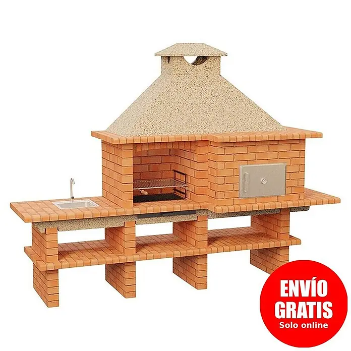 Sotnas Barbacoa con horno Roma - Crema/Ladrillo, An x Pr x Al: 304 x 96 x 236 cm, Superficie parrilla: 60 x 38 cm, Derecha/Ladrillo - Barbacoa de obra con campana color arena, fregadero integrado, horno y estantes inferiores.