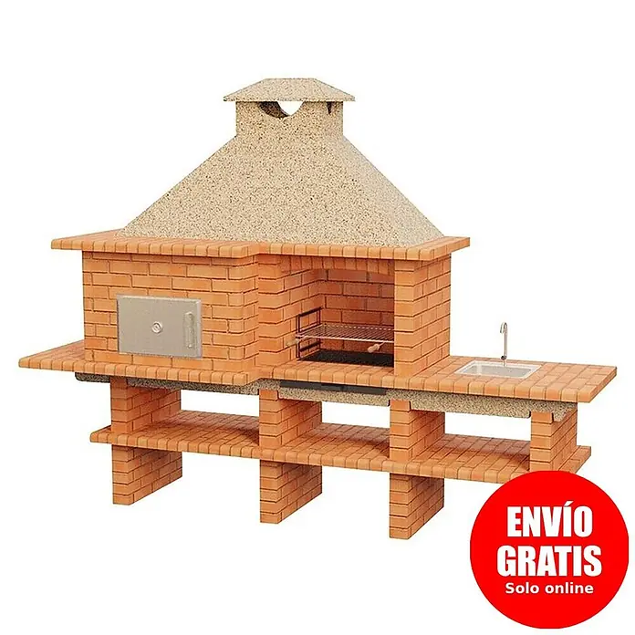 Sotnas Barbacoa con horno Roma - Crema/Ladrillo, An x Pr x Al: 304 x 96 x 236 cm, Superficie parrilla: 60 x 38 cm, Izquierda/Ladrillo - Cocina exterior de ladrillo rojo con horno, parrilla, fregadero y chimenea. Con estantes inferiores.