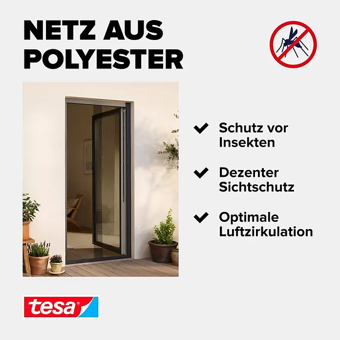 Tesa Insect Stop Insektenschutzgitter Premium - B x H: 120 x 250 cm, Weiß, Montage Insektengitter: Ankletten - Tesa Insektenschutztür aus Polyester an einer Außentür, schützt vor Insekten, bietet diskreten Sichtschutz und optimale Luftzirkulation.