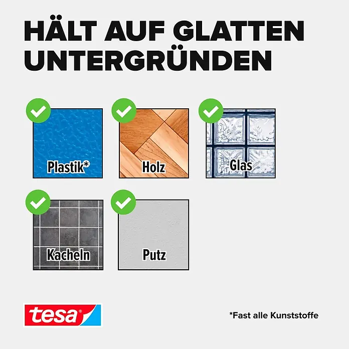 Tesa Powerbond Montageband Transparent - 5 m x 19 mm, Beidseitig selbstklebend - Grafik zeigt, dass Tesa-Produkt auf glatten Oberflächen wie Plastik, Holz, Glas, Kacheln und Putz hält.