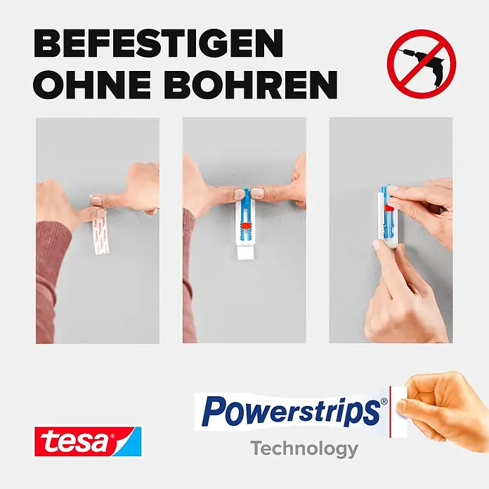 Tesa Klebenagel - Geeignet für: Leinwände, Belastbarkeit: 1 kg, 2 Stk., Blau - Hände befestigen eine weiße tesa Powerstrips Klebestrip-Halterung an einer Wand, was bohrfreies Anbringen zeigt.