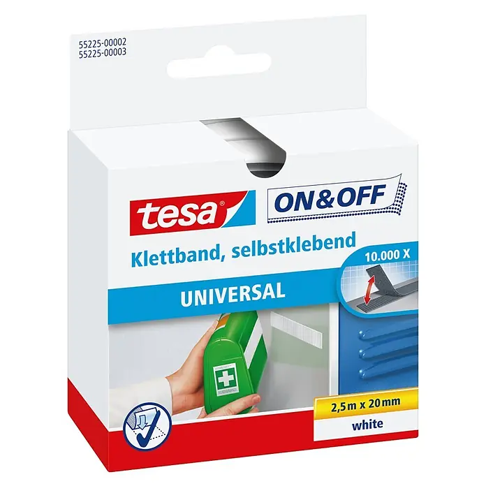 Tesa ON & OFF Klettband - 20 mm x 2,5 m, Weiß - Weiße tesa ON&OFF selbstklebendes Klettband (2,5m x 20mm) in Originalverpackung.