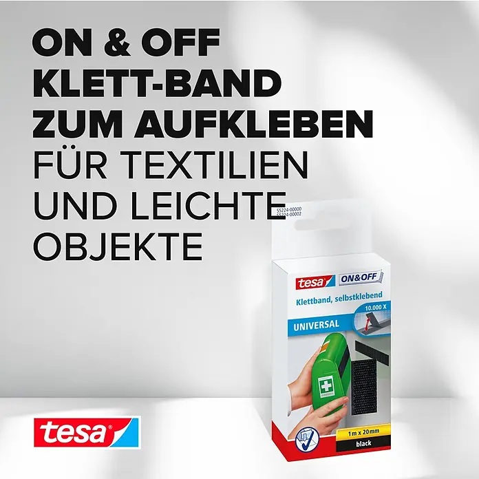 Tesa ON & OFF Klettband - 20 mm x 1 m, Schwarz - Tesa ON & OFF schwarzes, selbstklebendes Klettband, 1 m x 20 mm, für Textilien und leichte Objekte.
