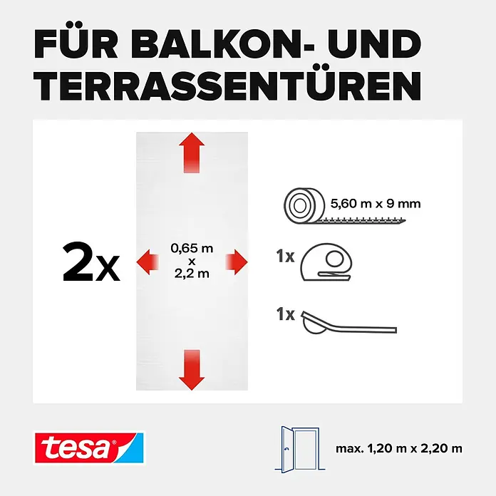 Tesa Insect Stop Insektenschutzgitter Premium - B x H: 130 x 220 cm, Weiß, Montage Insektengitter: Ankletten - Tesa Fliegengitter-Set für Balkon- und Terrassentüren. Zwei weiße Netze (0,65x2,2m), Klebeband, Werkzeuge. Für Türen bis 1,2x2,2m.