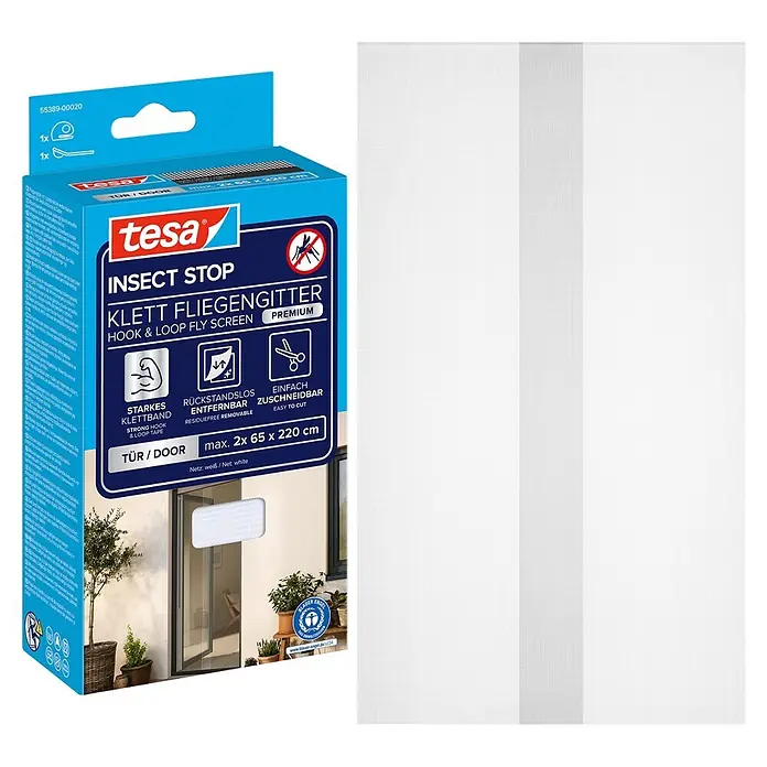 Tesa Insect Stop Insektenschutzgitter Premium - B x H: 130 x 220 cm, Weiß, Montage Insektengitter: Ankletten - Tesa Insektenschutz Klett-Fliegengitter für Türen, weiß, max. 2x 65 x 220 cm.