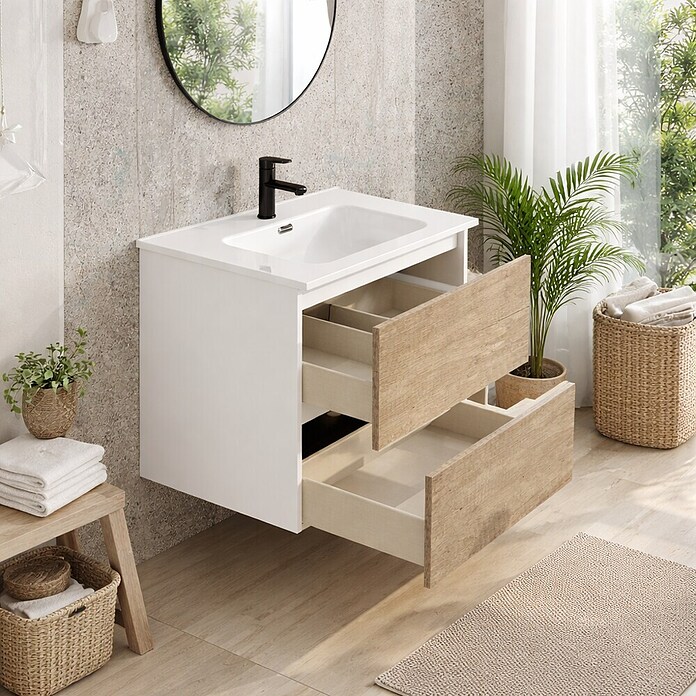 Mueble de lavabo Wood (An x Pr x Al: 60 x 45 x 64 cm, Blanco y nature, Número de cajones: 2 ud.) | BAUHAUS