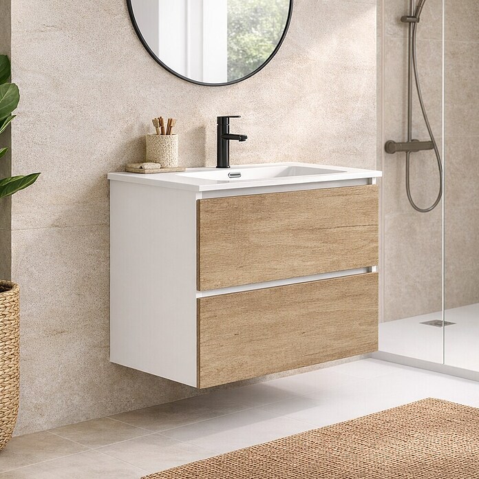 Mueble de lavabo Wood (An x Pr x Al: 60 x 45 x 64 cm, Blanco y nature, Número de cajones: 2 ud.) | BAUHAUS