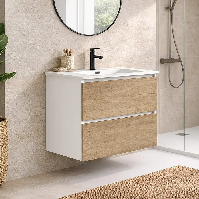 Conjunto de mueble de baño Wood - Ancho: 60 cm, Blanco y nature, Mate, 2 pzs., Número de cajones: 2 ud. - Mueble de baño suspendido con lavabo blanco y grifo negro, mueble blanco con dos cajones de imitación madera clara.