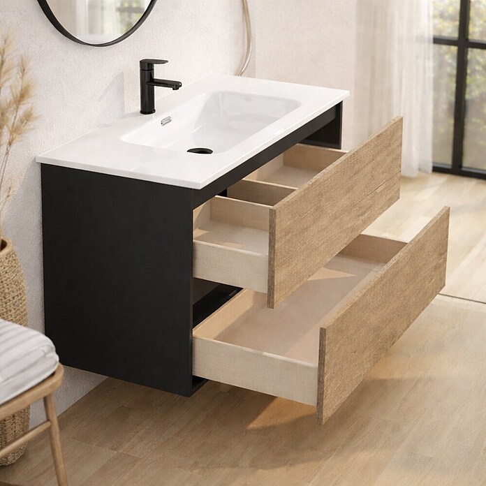 Mueble de lavabo Wood (An x Pr x Al: 80 x 45 x 64 cm, Negro y nature, Número de cajones: 2 ud.) | BAUHAUS