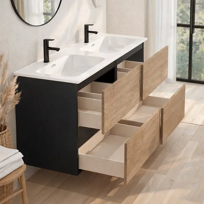 Conjunto de mueble de baño Wood - Ancho: 120 cm, Negro y nature, Mate, 2 pzs., Número de cajones: 4 ud. - Mueble de baño negro doble lavabo con cajones de madera clara, algunos abiertos, mostrando organizadores internos.