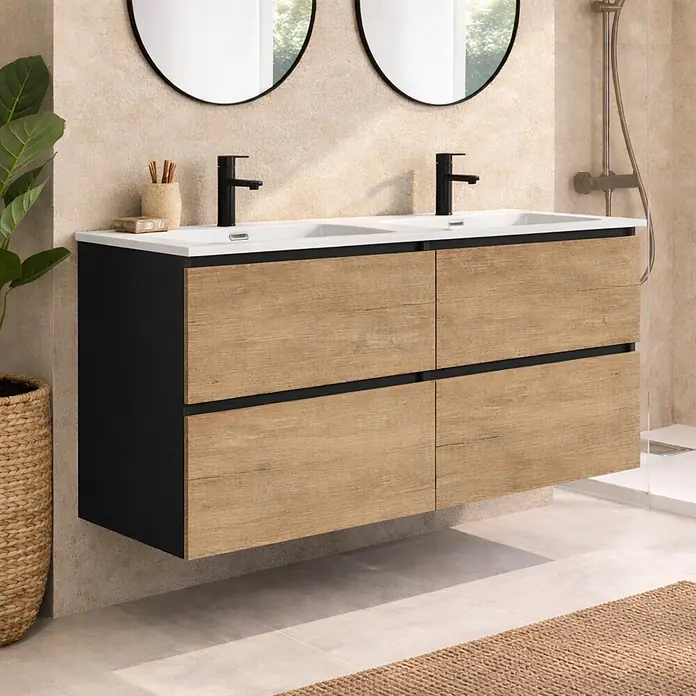 Conjunto de mueble de baño Wood - Ancho: 120 cm, Negro y nature, Mate, 2 pzs., Número de cajones: 4 ud. - Mueble de baño doble suspendido con marco negro, cajones de madera clara, lavabos blancos y grifos negros en un baño moderno.