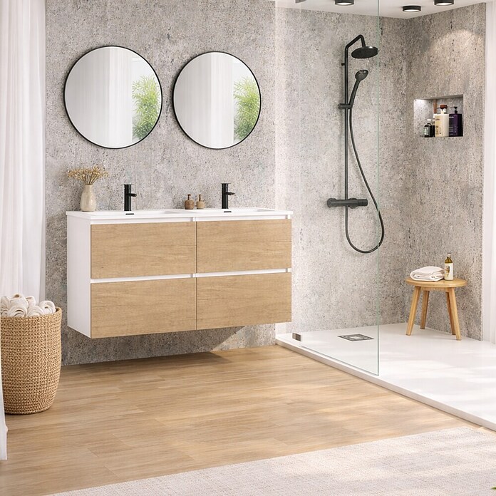Mueble de lavabo Wood (An x Pr x Al: 120 x 45 x 64 cm, Blanco y nature, Número de cajones: 4 ud.) | BAUHAUS