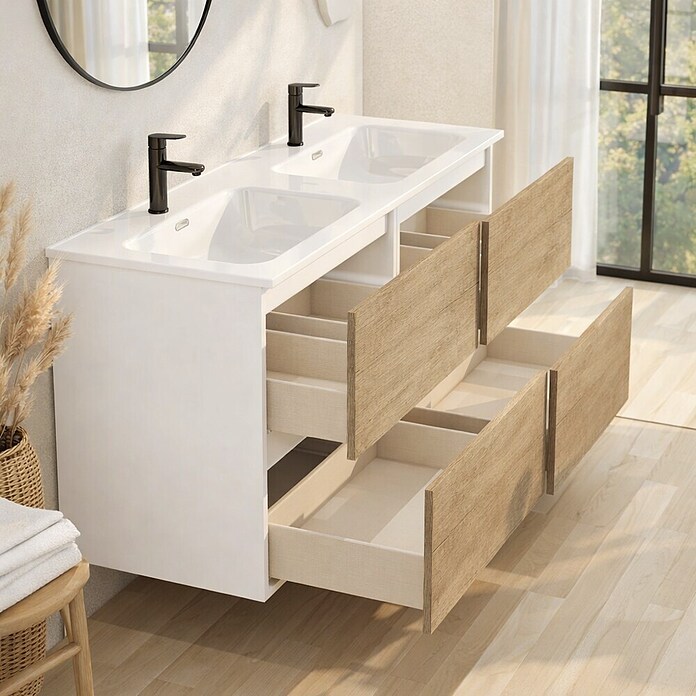 Mueble de lavabo Wood (An x Pr x Al: 120 x 45 x 64 cm, Blanco y nature, Número de cajones: 4 ud.) | BAUHAUS