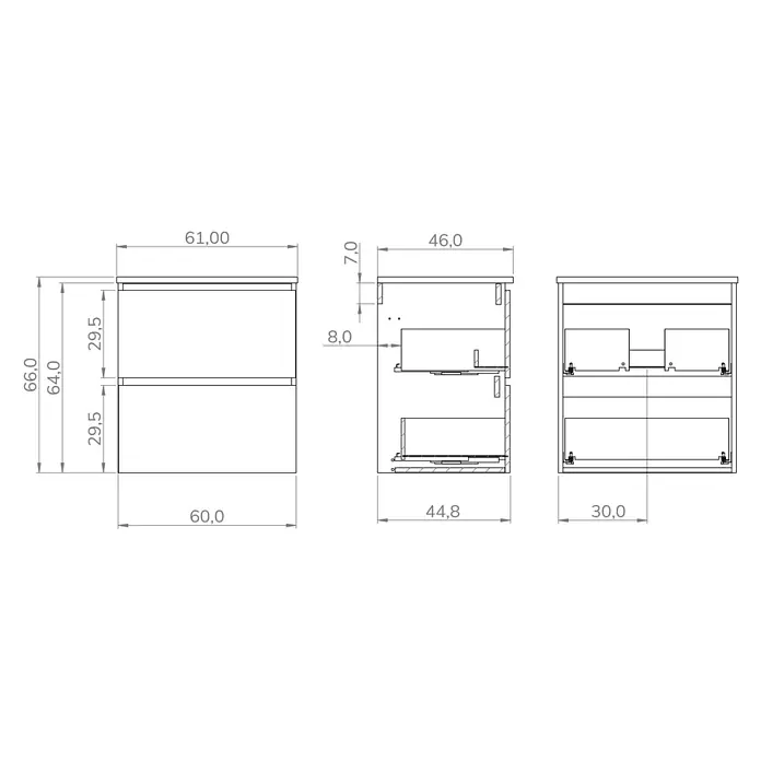 Conjunto de mueble de baño Wood - Ancho: 60 cm, Blanco y teka, Mate, 2 pzs., Número de cajones: 2 ud. - Dibujo técnico de un mueble de dos cajones, con vistas frontal, lateral y superior con dimensiones clave.