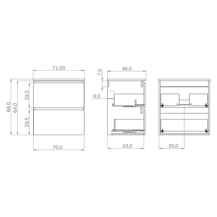 Conjunto de mueble de baño Wood - Ancho: 70 cm, Blanco y teka, Mate, 2 pzs., Número de cajones: 2 ud. - Dibujo técnico de un mueble de pared con dos cajones, vistas y dimensiones: 71x66x46 cm.