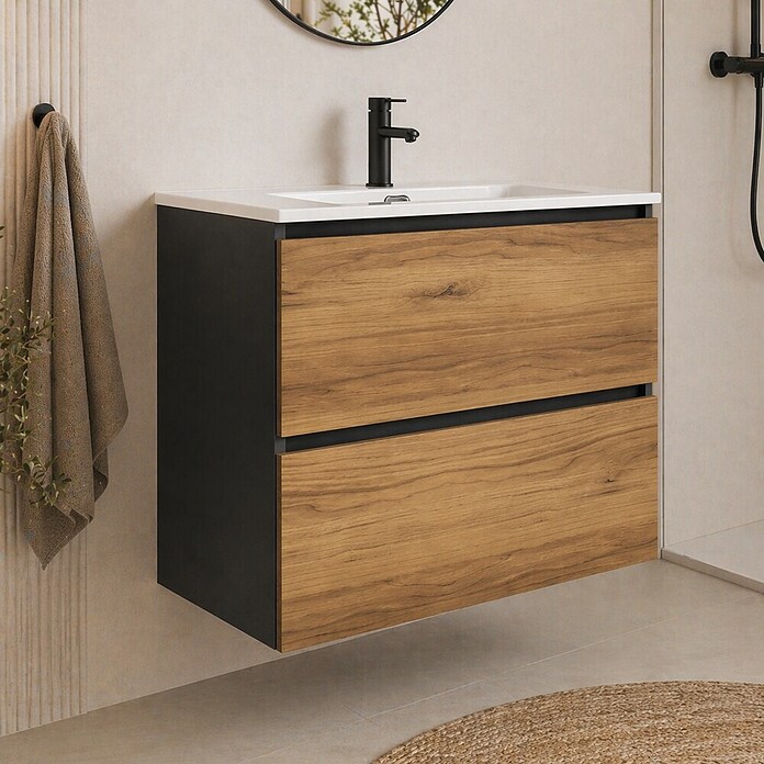 Mueble de lavabo Wood (An x Pr x Al: 60 x 45 x 64 cm, Negro y teka, Número de cajones: 2 ud.) | BAUHAUS
