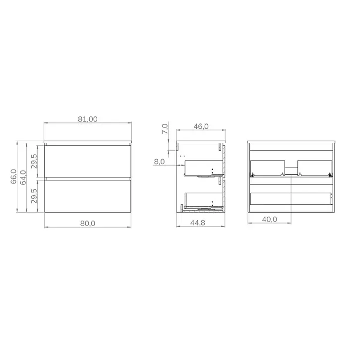 Conjunto de mueble de baño Wood - Ancho: 80 cm, Blanco y teka, Mate, 2 pzs., Número de cajones: 2 ud. - Dibujo técnico de un mueble de dos cajones con dimensiones: 81cm ancho, 66cm alto, 46cm fondo. Incluye vistas frontal, lateral e internas.