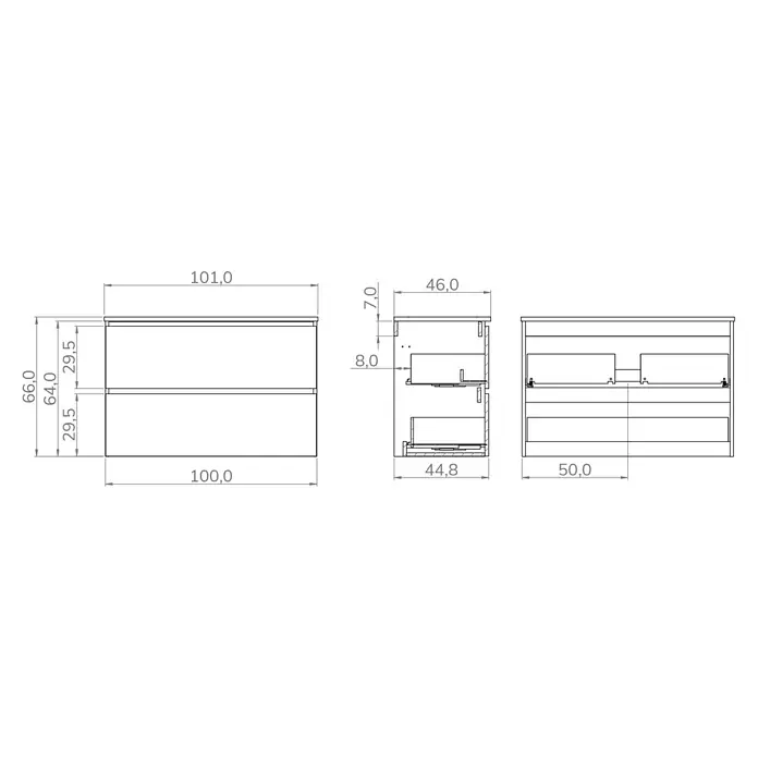 Conjunto de mueble de baño Wood - Ancho: 100 cm, Blanco y teka, Mate, 2 pzs., Número de cajones: 2 ud. - Dibujo técnico de un mueble de baño con dos cajones, con vistas frontal, lateral y superior y medidas.
