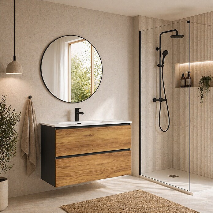 Mueble de lavabo Wood (An x Pr x Al: 80 x 45 x 64 cm, Negro y teka, Número de cajones: 2 ud.) | BAUHAUS