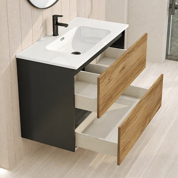 Mueble de lavabo Wood (An x Pr x Al: 80 x 45 x 64 cm, Negro y teka, Número de cajones: 2 ud.) | BAUHAUS