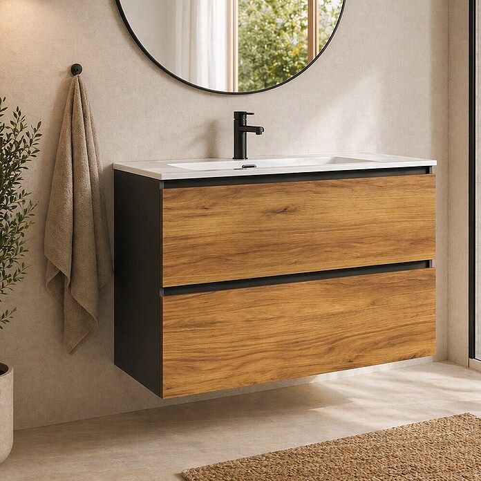 Mueble de lavabo Wood (An x Pr x Al: 80 x 45 x 64 cm, Negro y teka, Número de cajones: 2 ud.) | BAUHAUS
