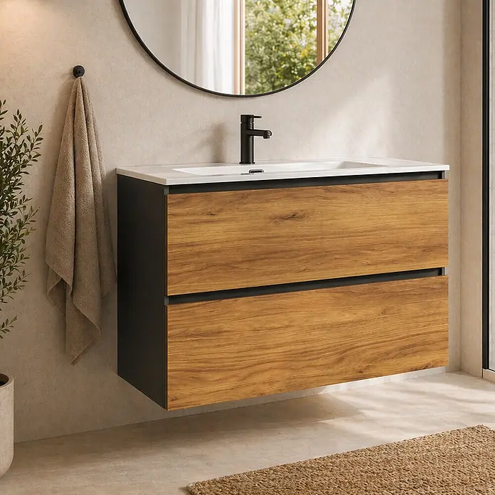 Conjunto de mueble de baño Wood - Ancho: 80 cm, Negro y teka, Mate, 2 pzs., Número de cajones: 2 ud. - Mueble de baño suspendido con lavabo integrado blanco, marco negro y dos cajones de madera.