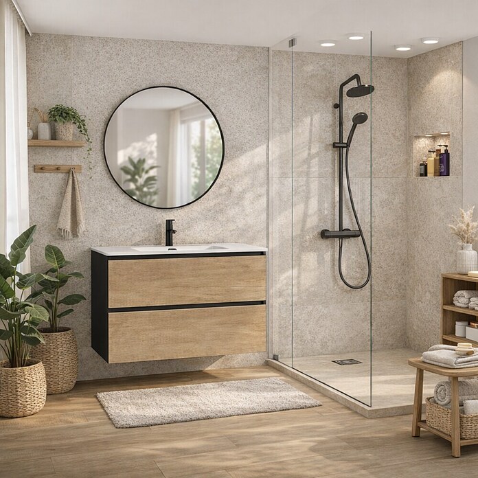 Mueble de lavabo Wood (An x Pr x Al: 80 x 45 x 64 cm, Negro y nature, Número de cajones: 2 ud.) | BAUHAUS
