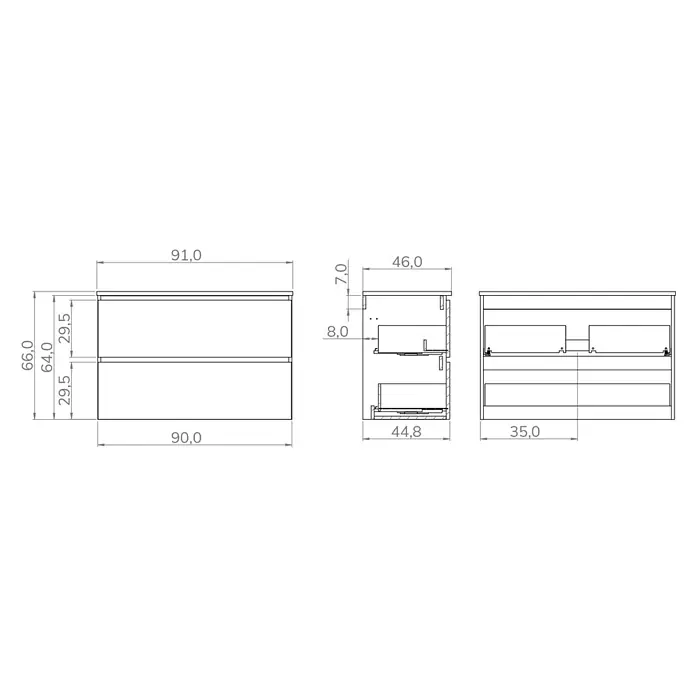 Conjunto de mueble de baño Wood - Ancho: 90 cm, Blanco y teka, Mate, 2 pzs., Número de cajones: 2 ud. - Dibujo técnico de un mueble de baño con dos cajones, vistas múltiples y dimensiones.
