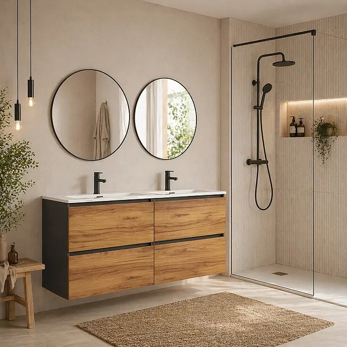 Conjunto de mueble de baño Wood - Ancho: 120 cm, Negro y teka, Mate, 2 pzs., Número de cajones: 4 ud. - Baño moderno con doble lavabo de madera, grifos negros, dos espejos redondos y ducha a ras de suelo.