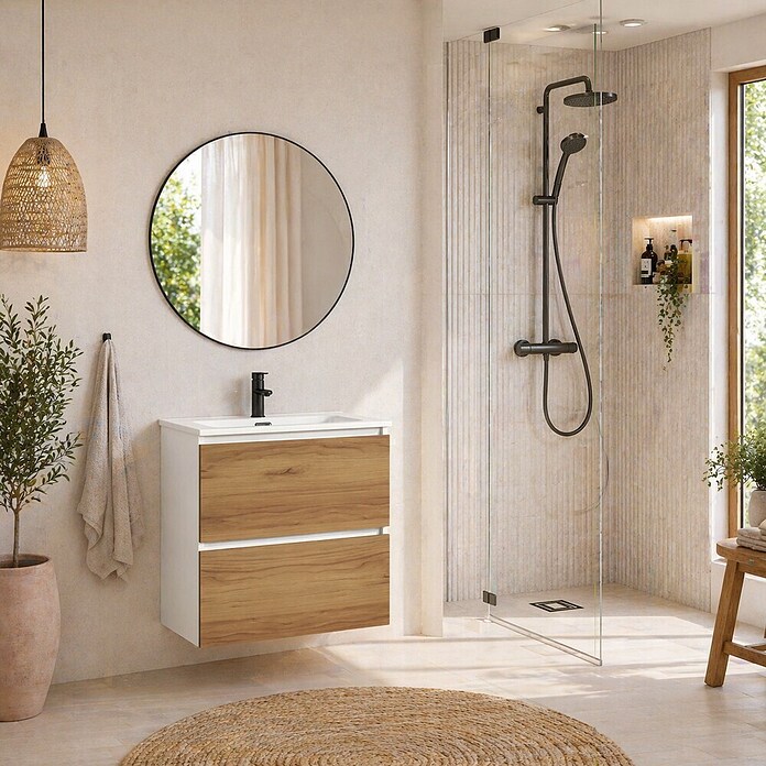 Mueble de lavabo Wood (An x Pr x Al: 60 x 45 x 64 cm, Blanco y teka, Número de cajones: 2 ud.) | BAUHAUS