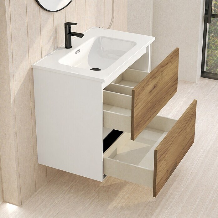 Mueble de lavabo Wood (An x Pr x Al: 60 x 45 x 64 cm, Blanco y teka, Número de cajones: 2 ud.) | BAUHAUS