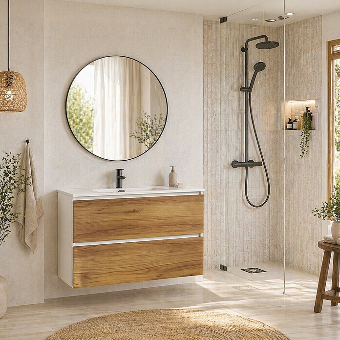 Mueble de lavabo Wood (An x Pr x Al: 80 x 45 x 64 cm, Blanco y teka, Número de cajones: 2 ud.) | BAUHAUS