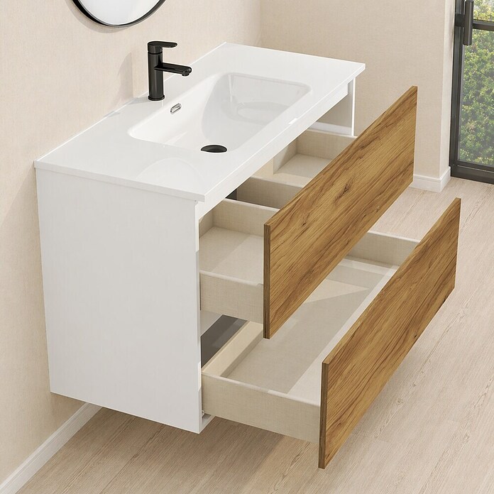 Mueble de lavabo Wood (An x Pr x Al: 80 x 45 x 64 cm, Blanco y teka, Número de cajones: 2 ud.) | BAUHAUS