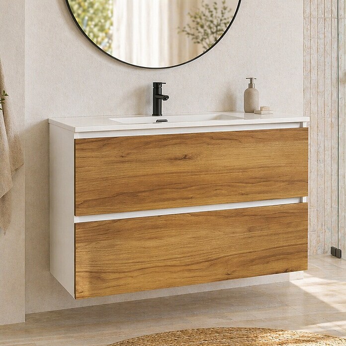 Mueble de lavabo Wood (An x Pr x Al: 80 x 45 x 64 cm, Blanco y teka, Número de cajones: 2 ud.) | BAUHAUS