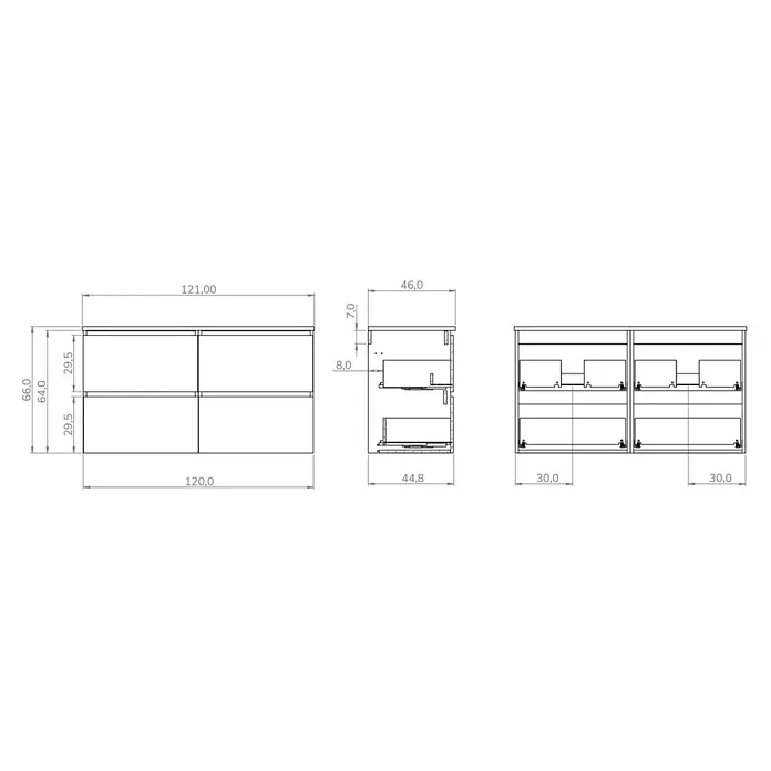 Conjunto de mueble de baño Wood - Ancho: 120 cm, Negro y teka, Mate, 2 pzs., Número de cajones: 4 ud. - Dibujo técnico: Mueble con cuatro cajones extraíbles. Vistas frontal, lateral y superior con dimensiones detalladas.