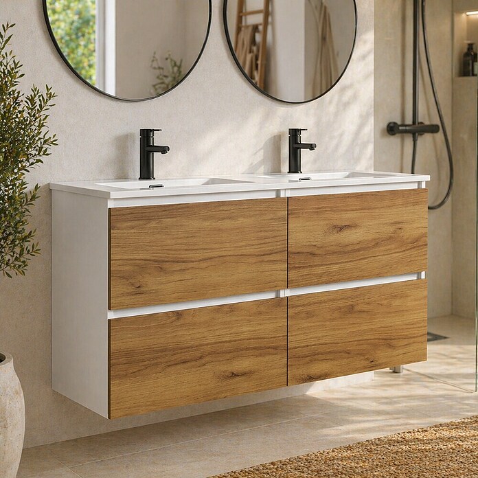 Mueble de lavabo Wood (An x Pr x Al: 120 x 45 x 64 cm, Blanco y teka, Número de cajones: 4 ud.) | BAUHAUS