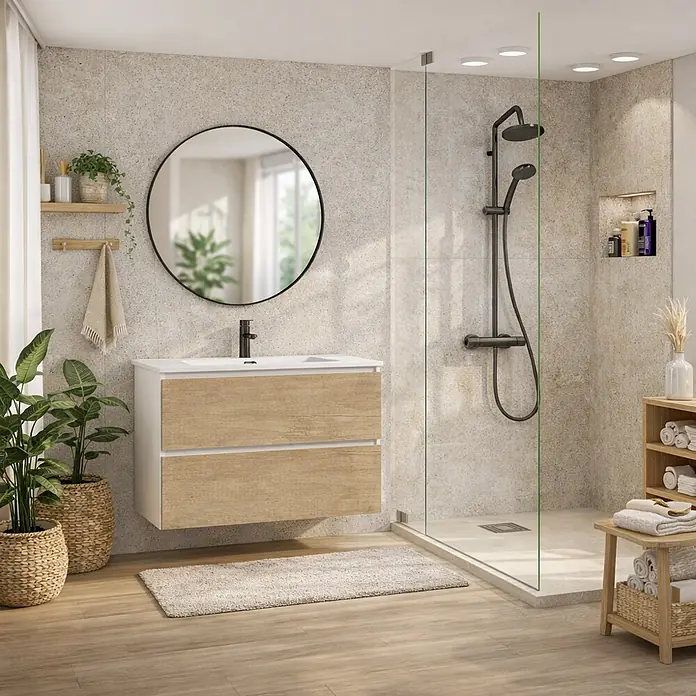 Conjunto de mueble de baño Wood - Ancho: 80 cm, Blanco y nature, Mate, 2 pzs., Número de cajones: 2 ud. - Mueble de baño flotante con encimera blanca y dos cajones de madera clara en un baño moderno.