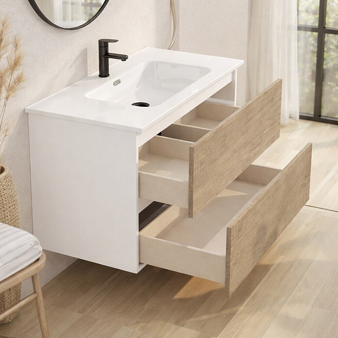 Mueble de lavabo Wood (An x Pr x Al: 80 x 45 x 64 cm, Blanco y nature, Número de cajones: 2 ud.) | BAUHAUS
