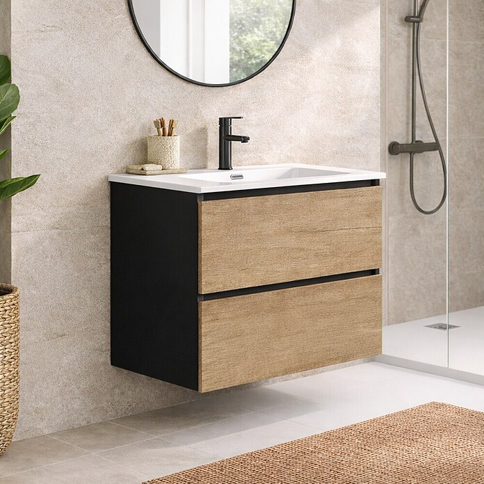 Mueble de lavabo Wood (An x Pr x Al: 60 x 45 x 64 cm, Negro y nature, Número de cajones: 2 ud.) | BAUHAUS