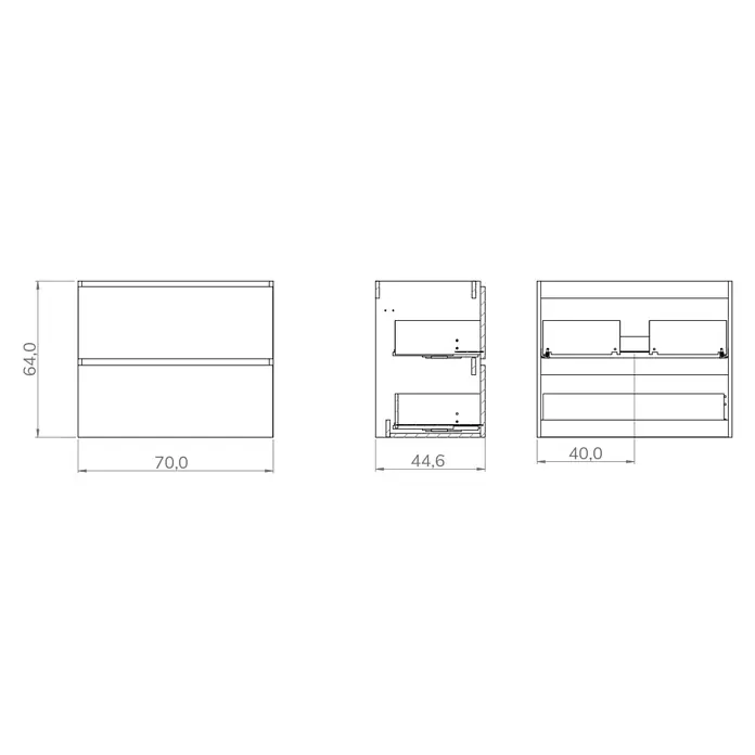Mueble de lavabo Wood - An x Pr x Al: 70 x 45 x 64 cm, Blanco y nature, Número de cajones: 2 ud. - Dibujo técnico de un mueble con dos cajones y dimensiones: altura 64,0, anchura 70,0, profundidad 44,6.
