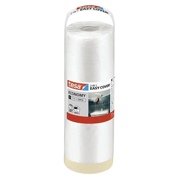 Tesa Abdeckfolie Easy Cover Economy - L x B: 17 m x 260 cm - Eine Rolle tesa 2 in 1 Easy Cover Abdeckfolie mit integriertem Klebeband, transparent, zum Schutz beim Streichen. Maße: 17m x 2,60m.