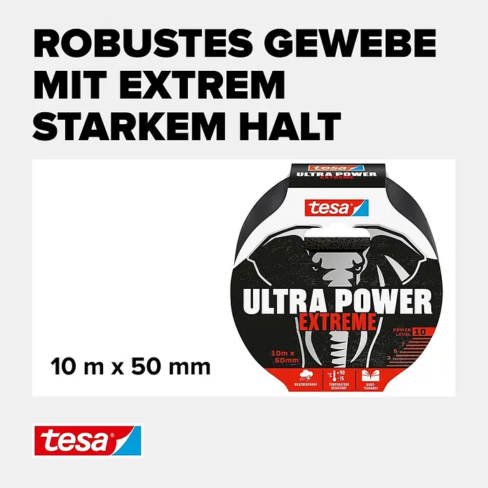 Tesa Ultra Power Reparaturgewebeband Extreme - Schwarz, 10 m x 50 mm - Schwarze tesa Ultra Power Extreme Gewebebandrolle, robust und extrem stark haftend, wetterfest, handreißbar.
