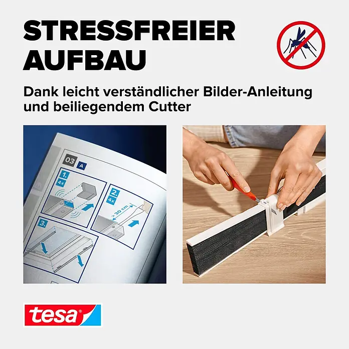 Tesa Sonnen-& Insektenschutz-Gitter - B x H: 116 x 164 cm, Montage Insektengitter: Kleben - Hände schneiden schwarzes Fliegengitter mit rotem Cutter, Anleitung für stressfreien Aufbau wird befolgt.