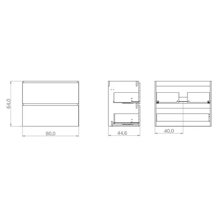 Mueble de lavabo Wood - An x Pr x Al: 80 x 45 x 64 cm, Negro y teka, Número de cajones: 2 ud. - Dibujo técnico de un mueble de dos cajones con medidas: 80,0 ancho, 64,0 alto, 44,6 prof.