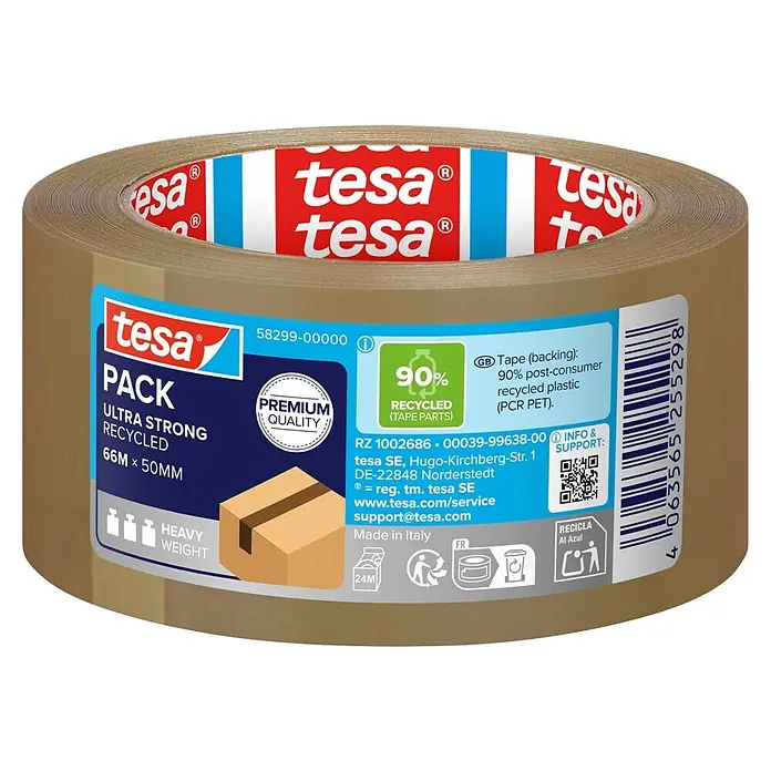 Tesa Pack Paketklebeband Ultra Strong Recycled - Braun, L x B: 66 m x 50 mm - tesa Pack Ultra Strong Recycled Packband, braun, 66m x 50mm, für schwere Güter, mit 90% recyceltem Kunststoff.