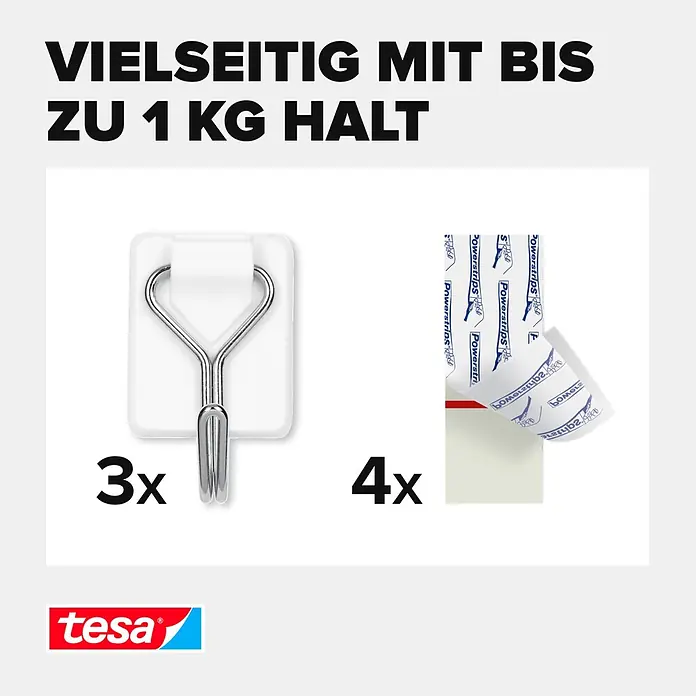 Tesa Powerstrips Selbstklebehaken - Eckig, Größe: S, Weiß, 3 Stk., Metall/Kunststoff - Set aus 3 weißen tesa Haken mit Metallbügeln und 4 tesa Powerstrips, hält bis zu 1 kg.